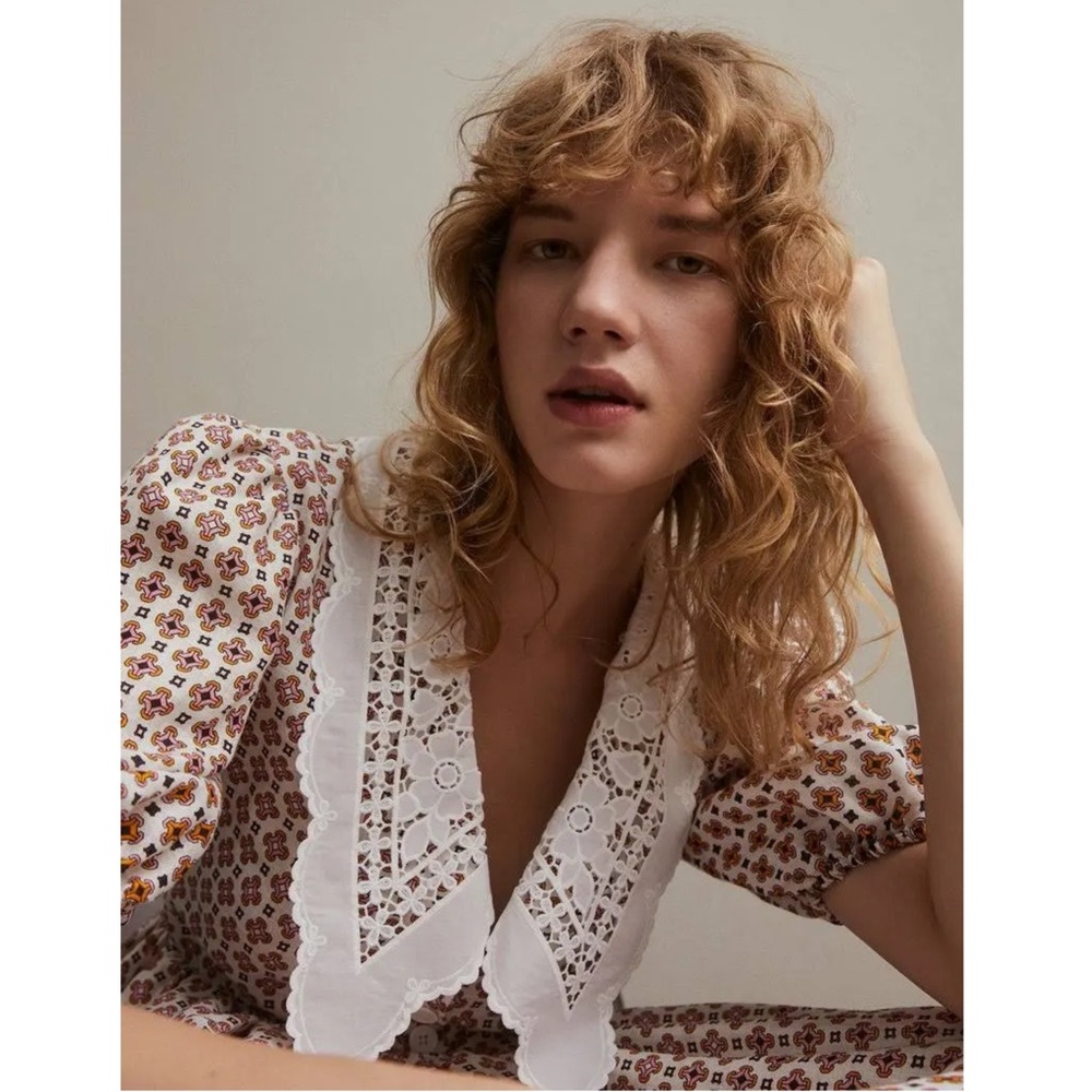 MAJE Lace Collar Tile Print Linen Puff Sleeve Cottagecore 70s Babydoll Dress‎ 6 - Picture 6 of 16